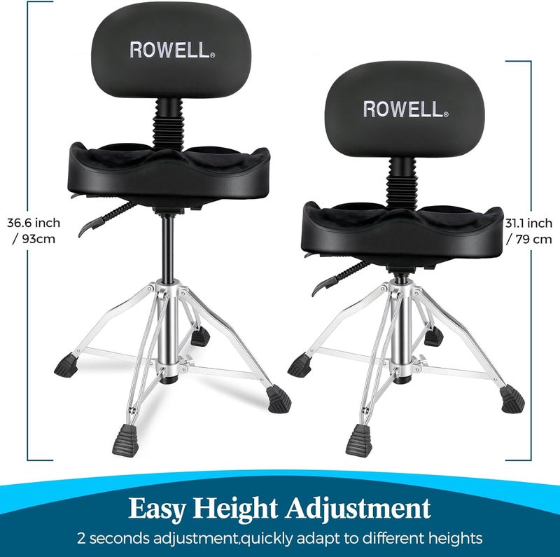 ROWell Drum Throne Hydraulic Drum Thrones with Backrest Height Adjustable Airlift Drummer Stool 4 Leg Heavy Duty Drums Seat with Thick Padded Drums Stool for Drummers,Guitar Players (Black) - Image 2